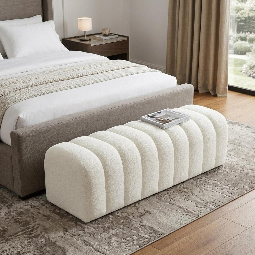 59" White Tufted Boucle Upholstered Bench HomeRoots