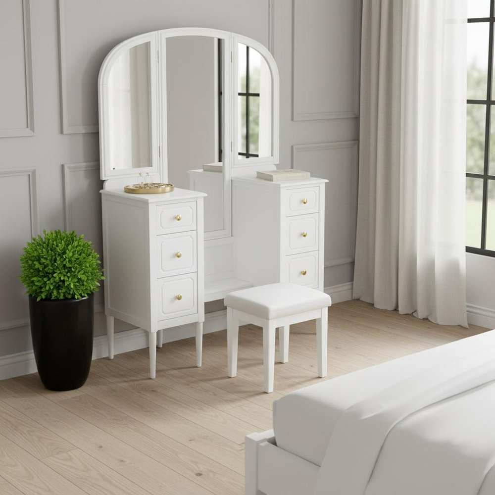 47" White Wood Mirrored Six Drawer Vanity Table HomeRoots