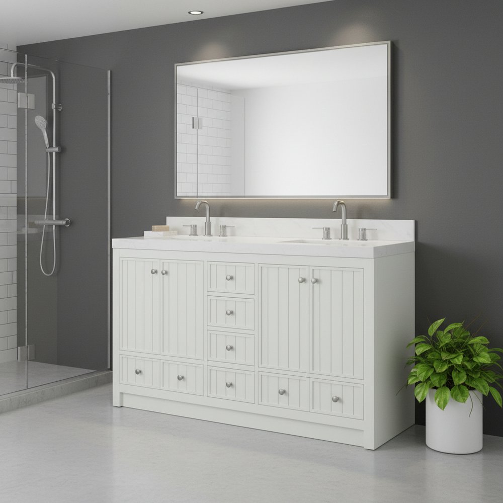 60" White Wood Double Bathroom Vanity With White And Gray Quartz Countertop HomeRoots