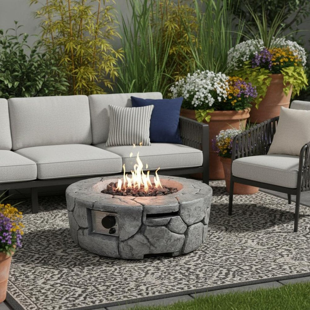 40000 BTU 28" Gray Concrete Propane Round Fire Pit With Cover HomeRoots