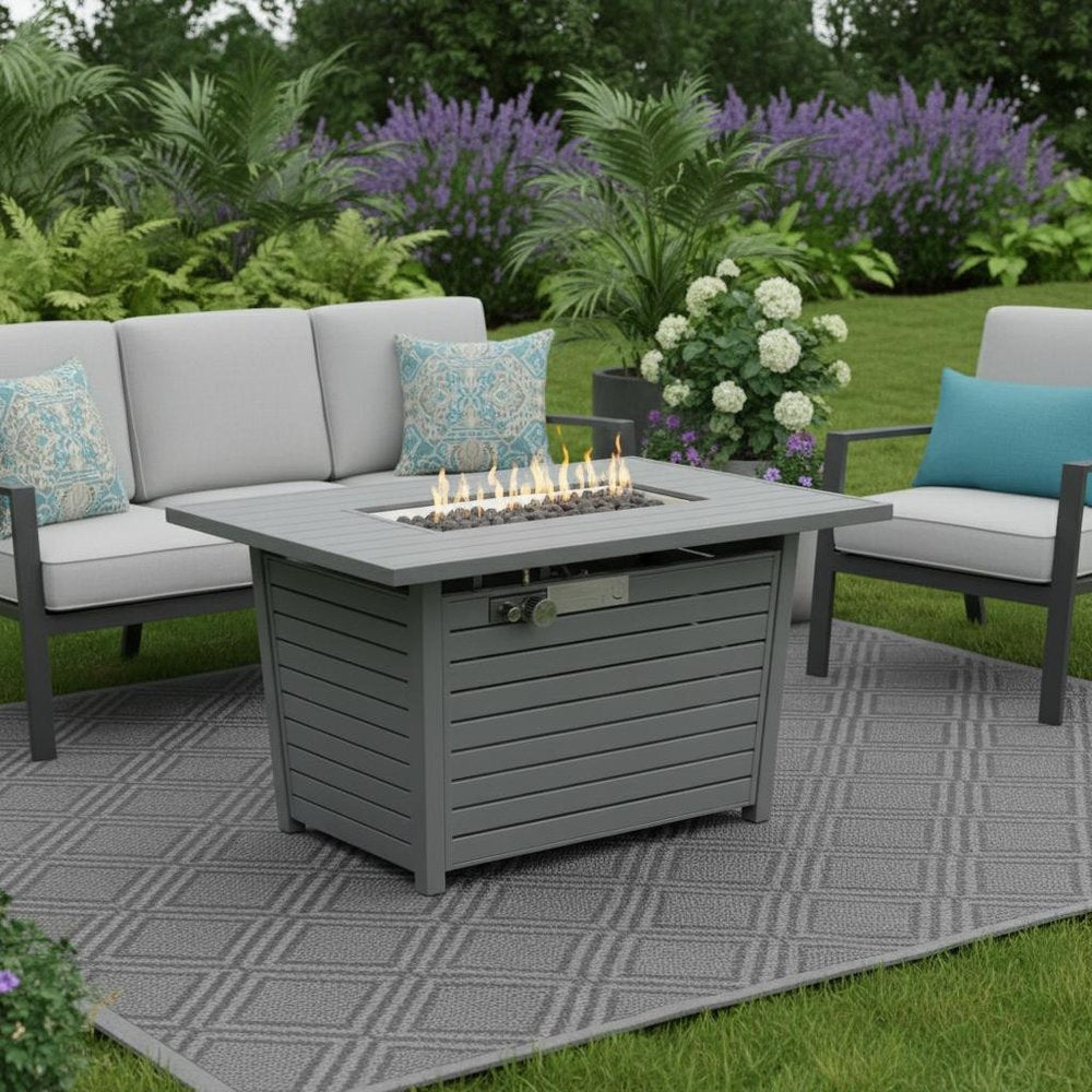 50000 BTU 42" Gray Steel Propane Rectangular Fire Pit With Cover HomeRoots