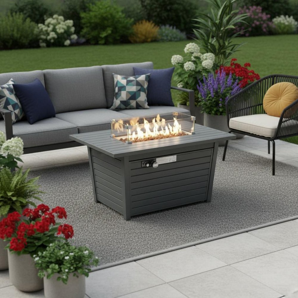 50000 BTU 42" Gray Steel Propane Rectangular Fire Pit With Cover HomeRoots