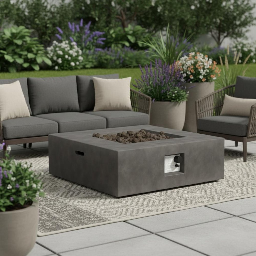 50000 BTU 34" Gray Concrete Propane Square Fire Pit With Cover HomeRoots