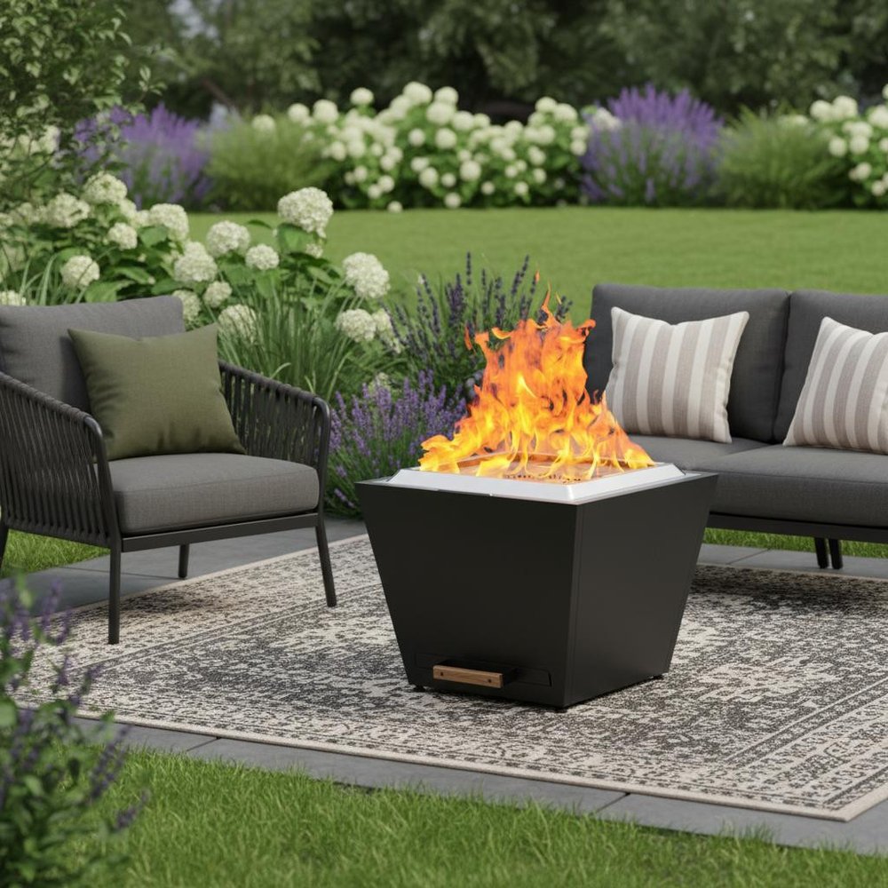 50000 BTU 25" Black Stainless steel Wood Burning Square Fire Pit With Cover HomeRoots