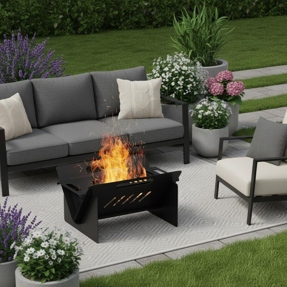 50000 BTU 16" Black Steel Wood Burning Rectangular Fire Pit With Cover HomeRoots