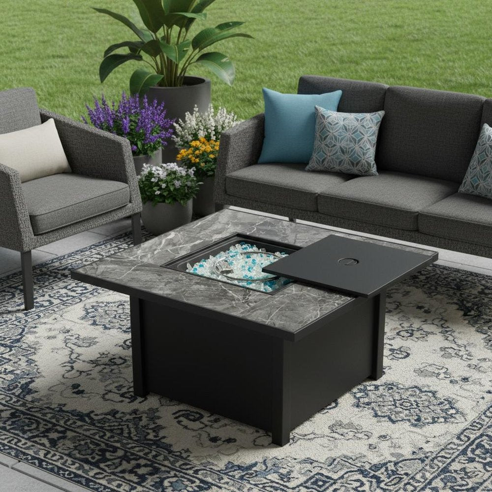 50000 BTU 30" Brown Wicker Propane Square Fire Pit With Cover HomeRoots