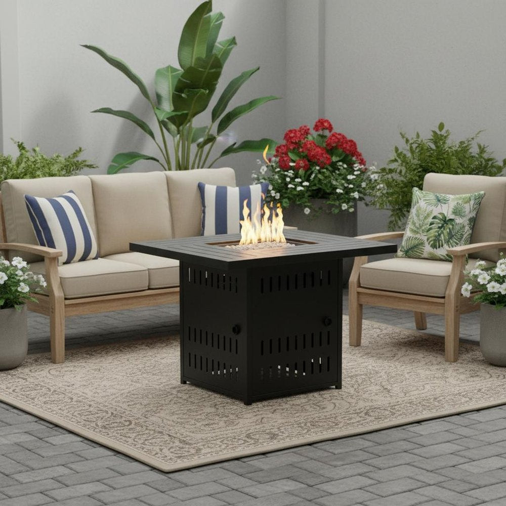 50000 BTU 34" Black Steel Propane Square Fire Pit With Cover HomeRoots