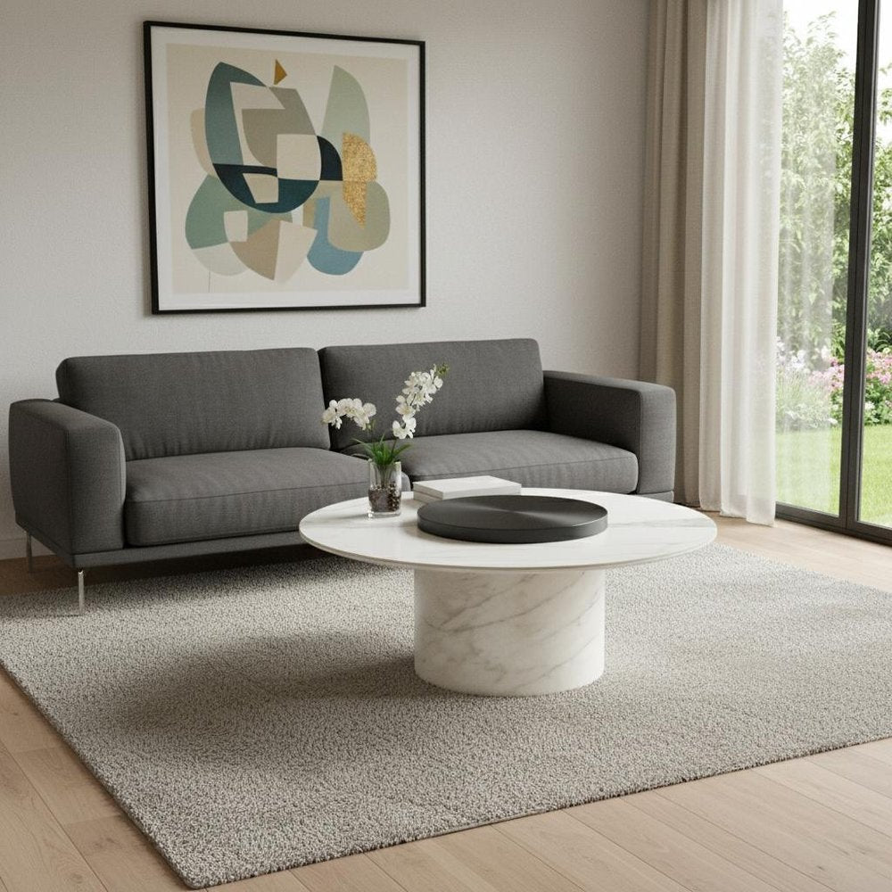 39" White Ceramic Tile and Wood Round Pedestal Coffee Table HomeRoots