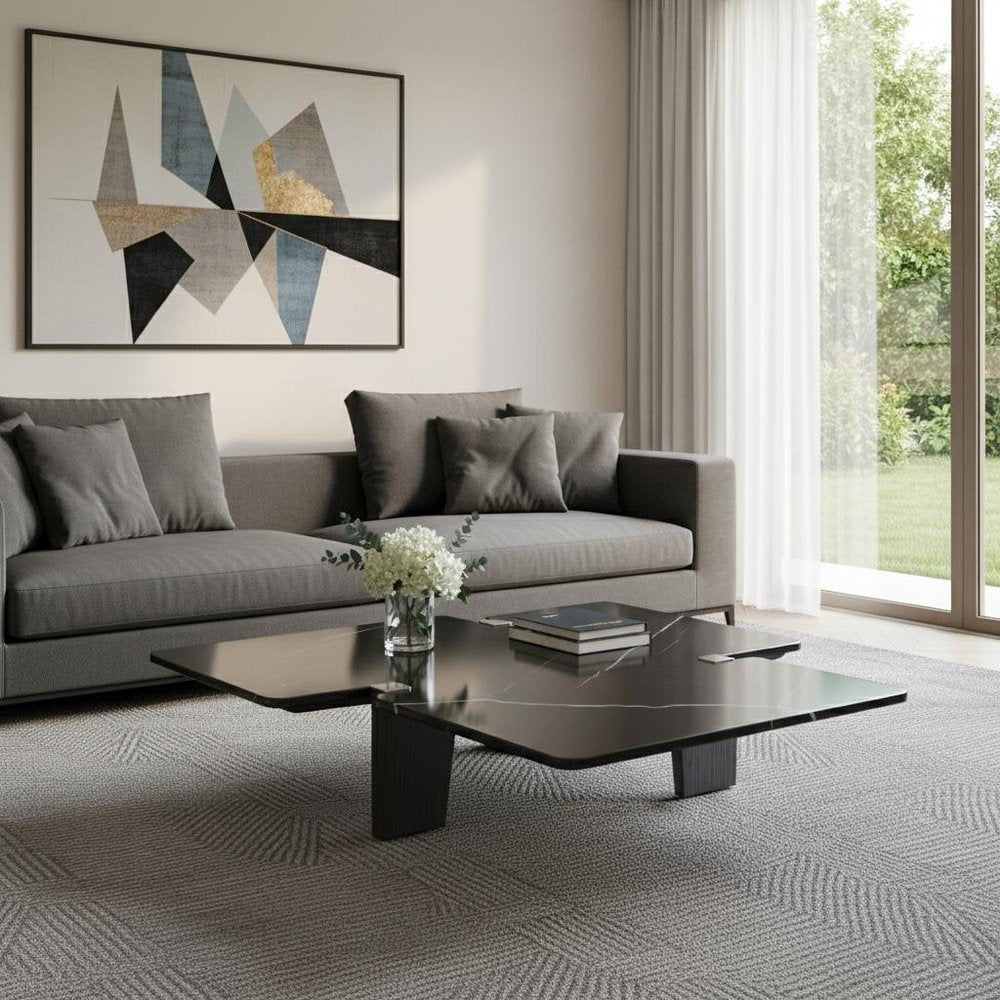 47" Black Genuine Marble and Solid Wood Free Form Coffee Table HomeRoots