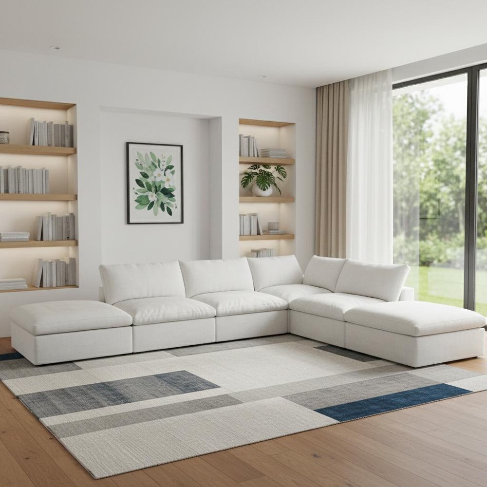 160" White Linen Blend Modular Armless Sofa With Ottomans And Storage HomeRoots