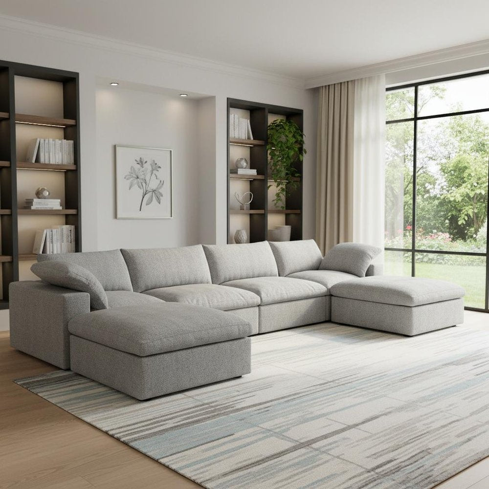 160" Light Gray Linen Blend Modular Sofa With Ottomans Toss Pillows And Storage HomeRoots