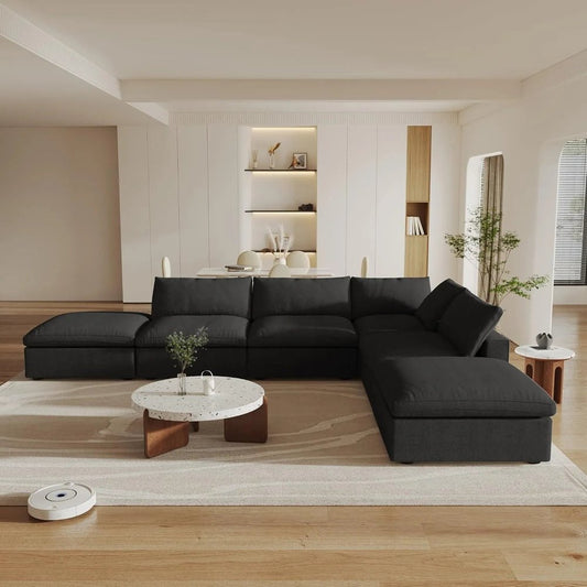 160" Black Linen Blend Modular Armless Sofa With Ottomans And Storage HomeRoots