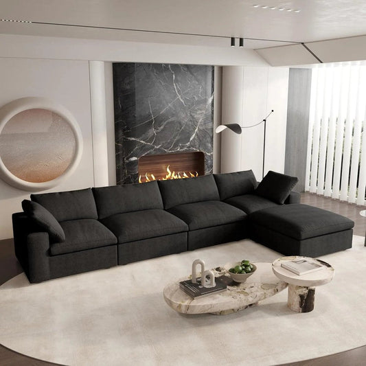160" Black Linen Blend Modular Right Sofa With Ottoman And Toss Pillows HomeRoots