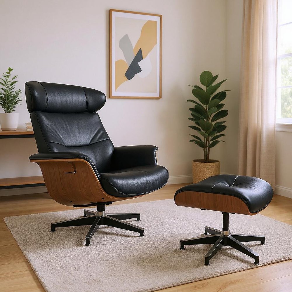 33" Black and Walnut Leather And Wood Swivel Lounge Chair With Ottoman HomeRoots