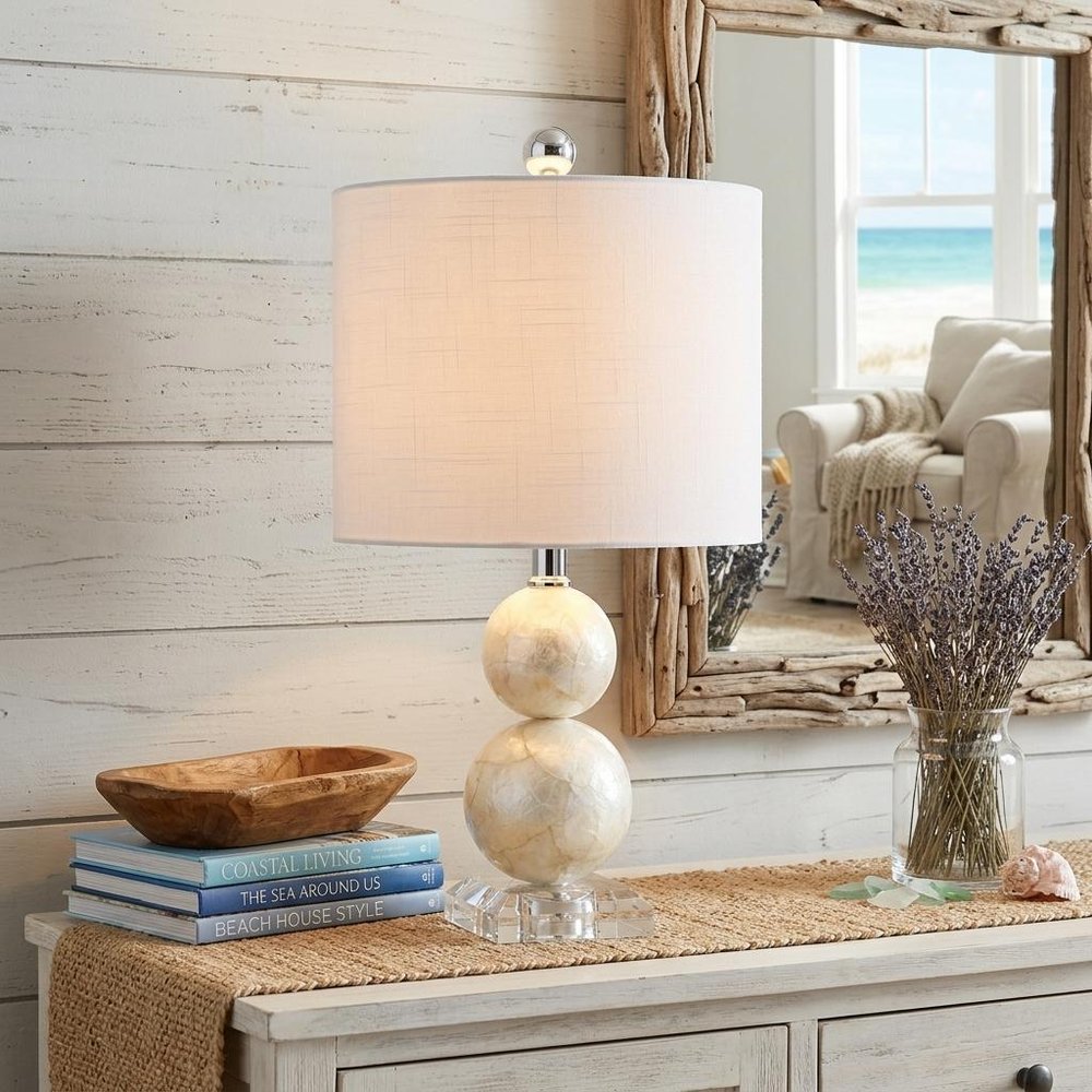 19" Clear And Off White Globe Table Lamp With Drum Shade HomeRoots