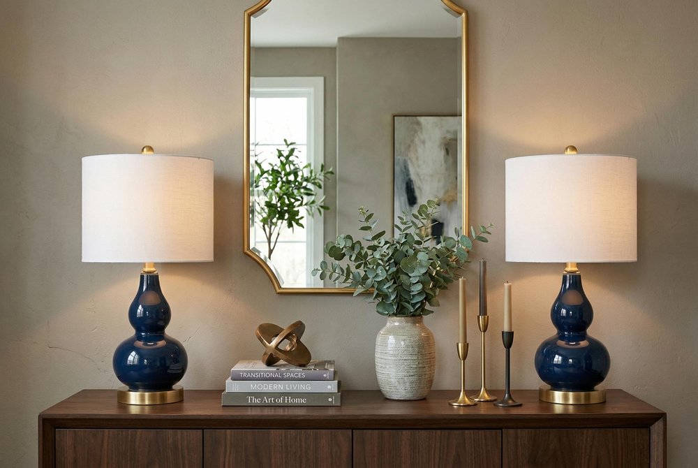 Set of Two 21" Navy Blue And Gold Gourd Table Lamps With Drum Shades HomeRoots