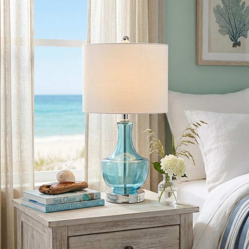 20" Turquoise And Silver Glass Gourd Table Lamp With Drum Shade HomeRoots