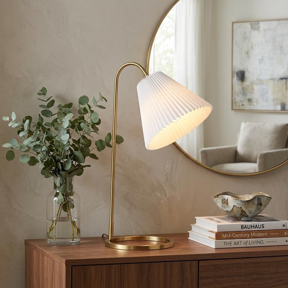 22" Gold Ribbed Swing Arm Geometric Arched Lamp With Empire Shade HomeRoots