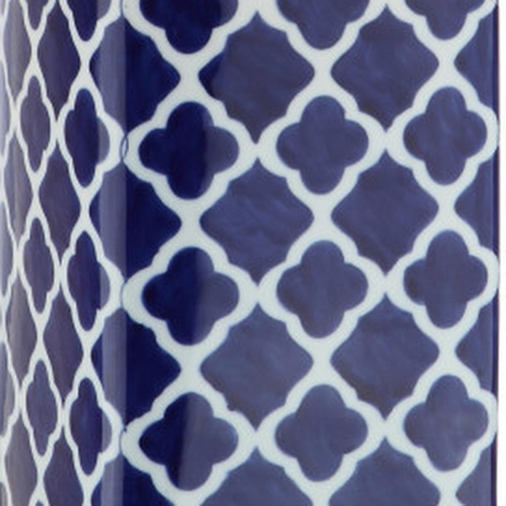 23" Clear Navy Blue And White Geometric Table Lamp With Drum Shade HomeRoots