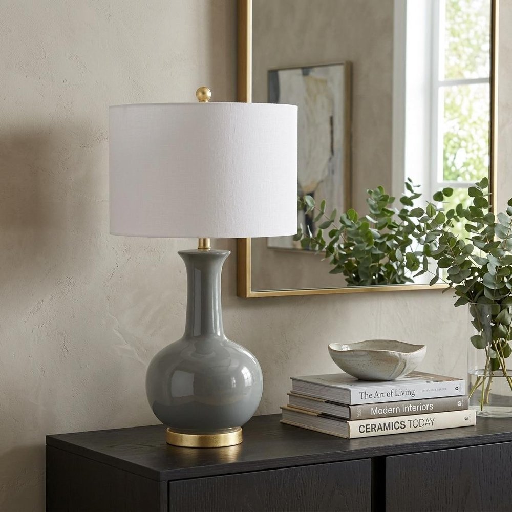 27" Steel Blue And Gold Novelty Table Lamp With Drum Shade HomeRoots