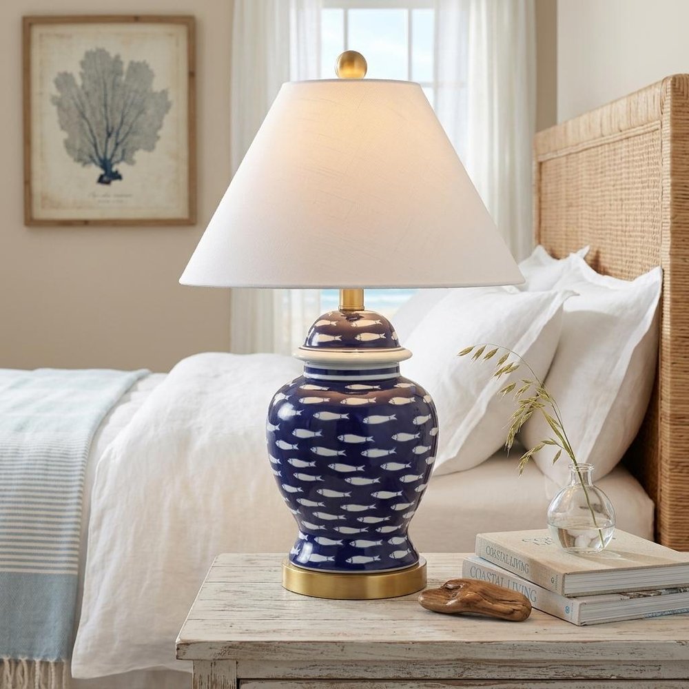 22" Navy Blue White And Gold Urn Table Lamp With Empire Shade HomeRoots