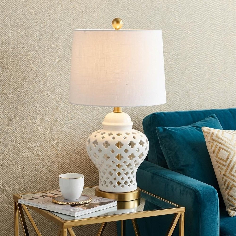 21" White And Gold Urn Table Lamp With Drum Shade HomeRoots