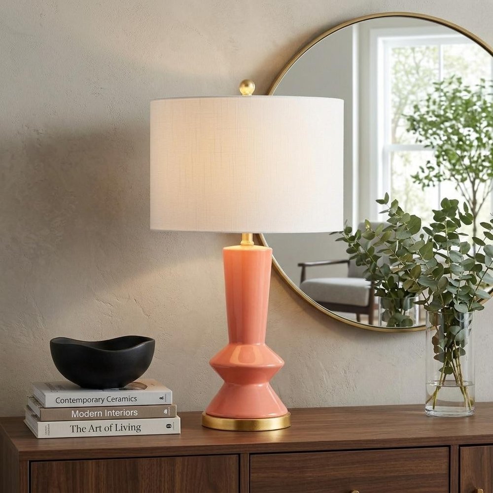 27" Gold Geometric Table Lamp With Drum Shade HomeRoots