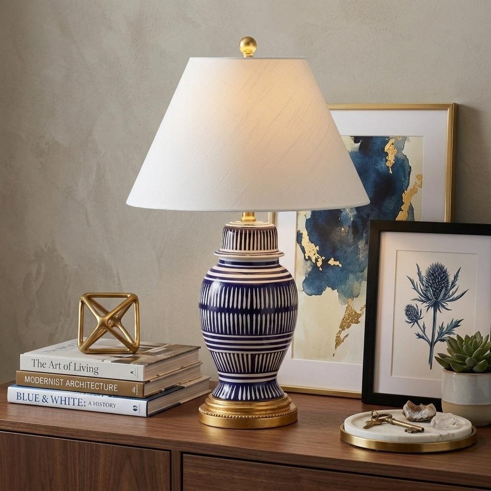 27" Navy Blue Gold And White Urn Table Lamp With Empire Shade HomeRoots