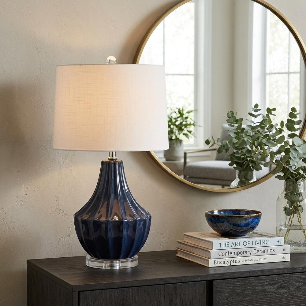 25" Navy Blue And Clear Novelty Table Lamp With Drum Shade HomeRoots