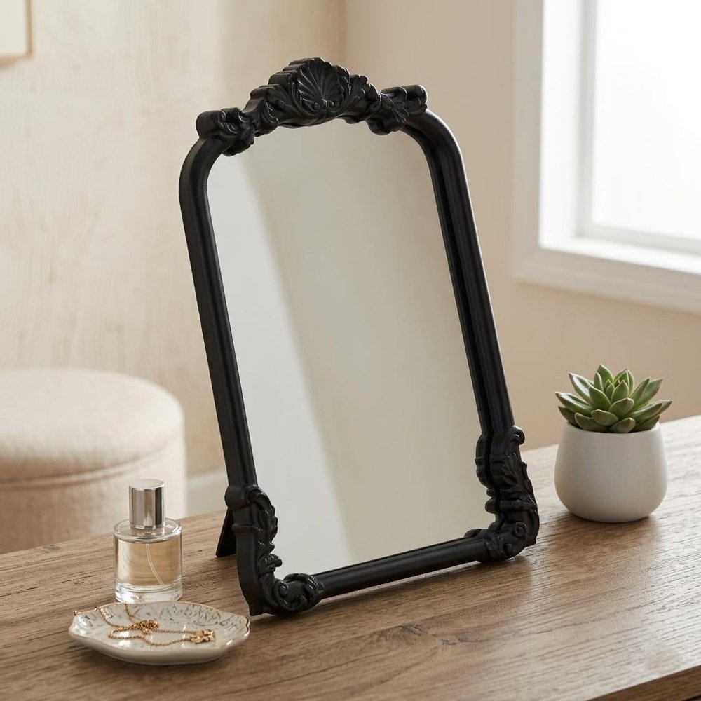 12" Black Solid Wood Scalloped Framed Makeup Shaving Tabletop Mirror HomeRoots