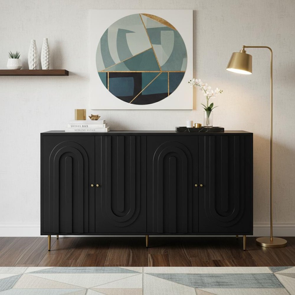 60" Black and Gold Wood and Metal Carved Geometric Accent Cabinet With Four Doors HomeRoots