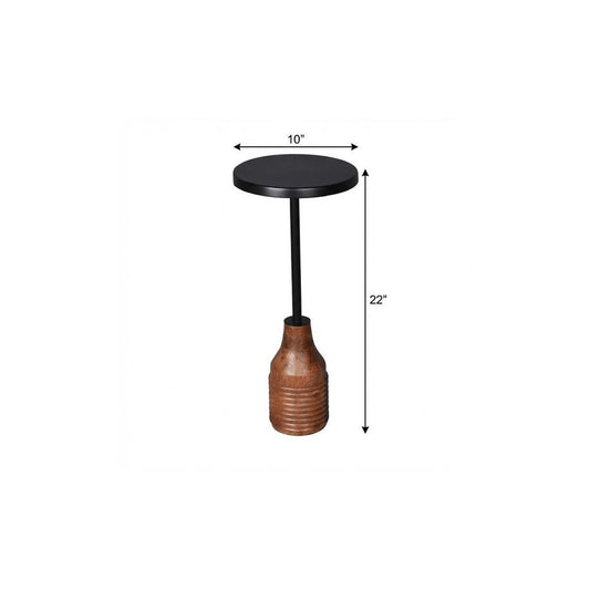 22" Black and Brown Iron and Solid Wood Round Pedestal End Table