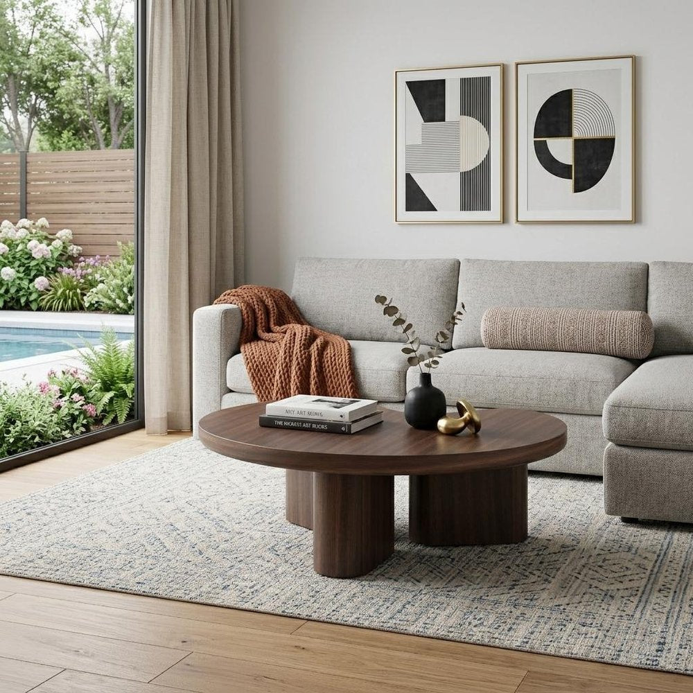 35" Light Gray and Oak Wood Round Coffee Table