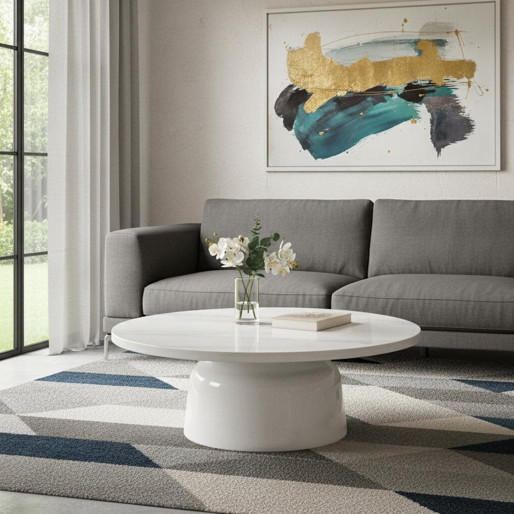 40" White Faux Marble and Wood Round Pedestal Coffee Table HomeRoots