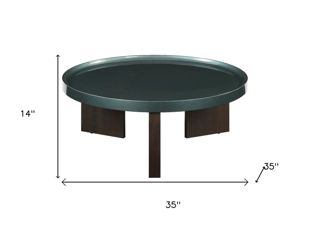 35" Dark Green and Oak Wood Round Coffee Table HomeRoots