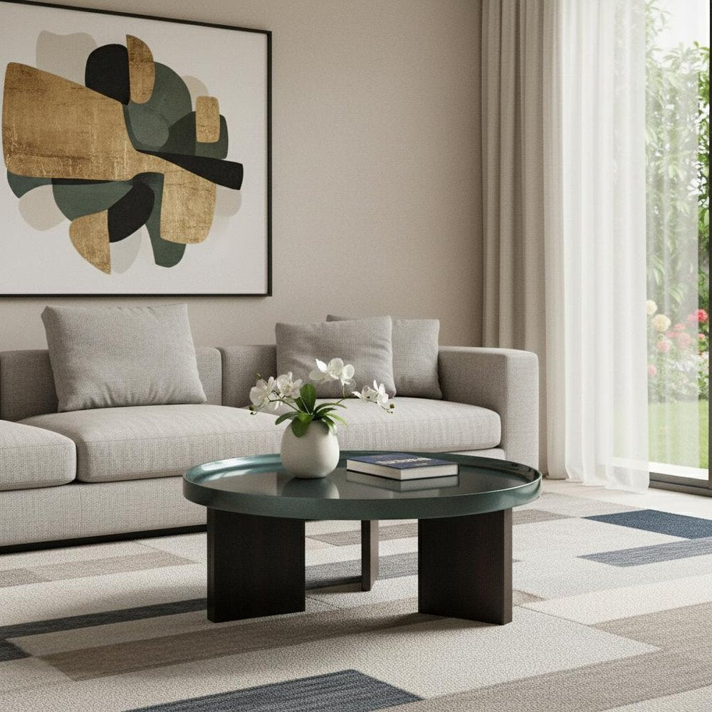 35" Dark Green and Oak Wood Round Coffee Table HomeRoots