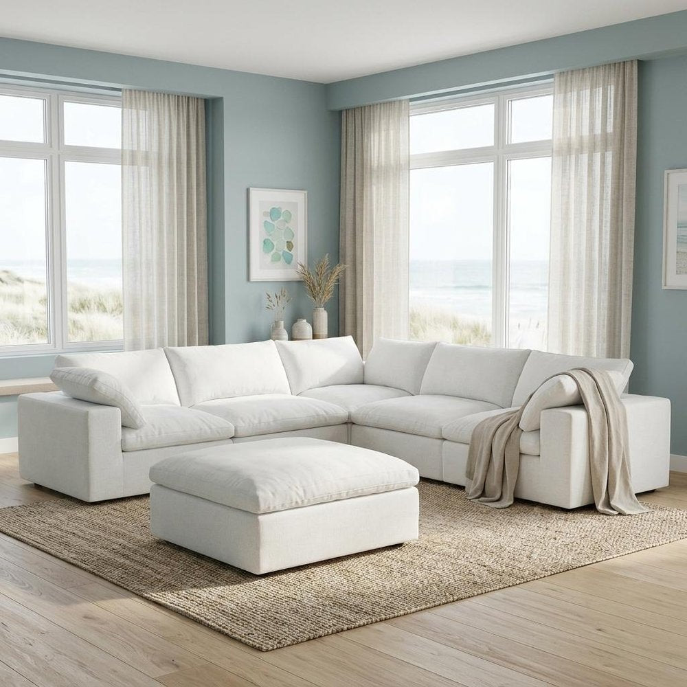 White Linen Blend Modular L Shaped Six Piece Corner Sectional With Ottoman HomeRoots