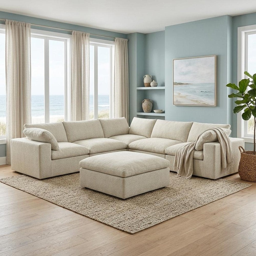 Khaki Linen Blend Modular L Shaped Six Piece Sofa and Chaise Sectional With Ottoman HomeRoots