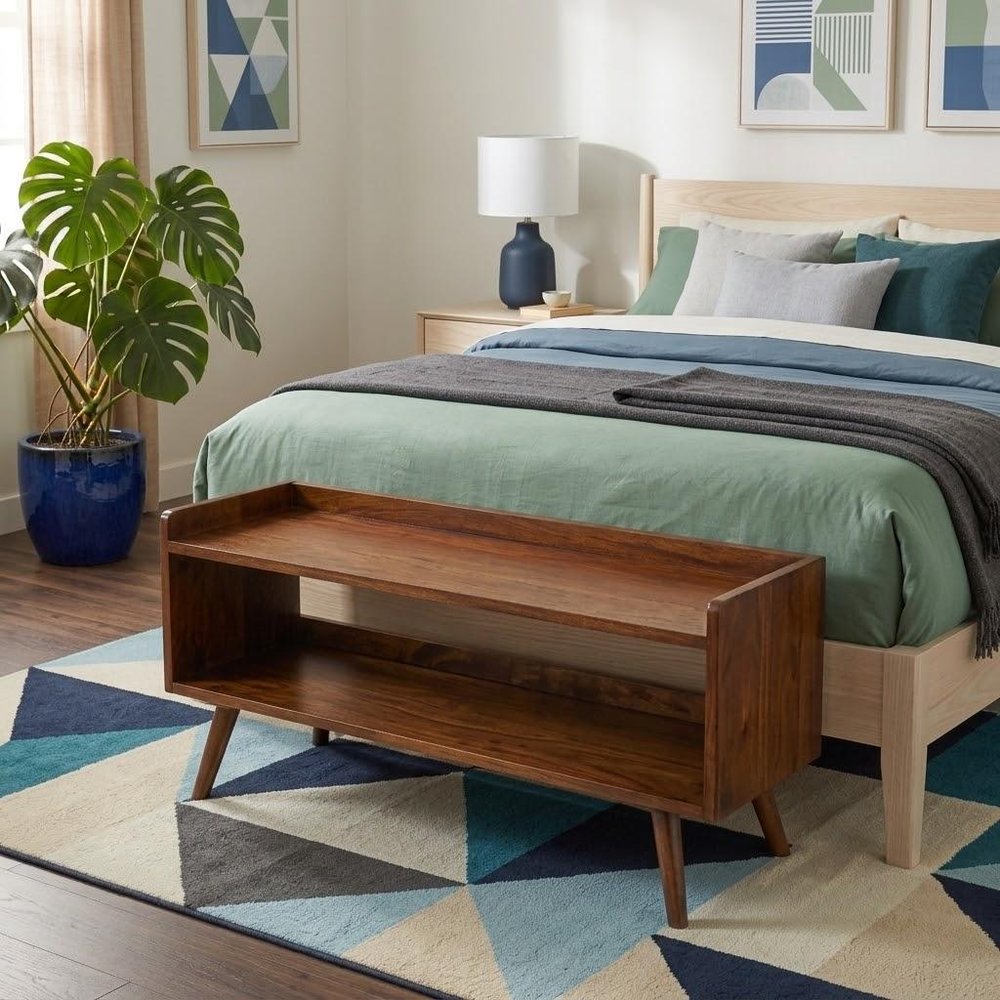 35" Chestnut Wood And Solid Wood Storage Bench With Shoe Storage