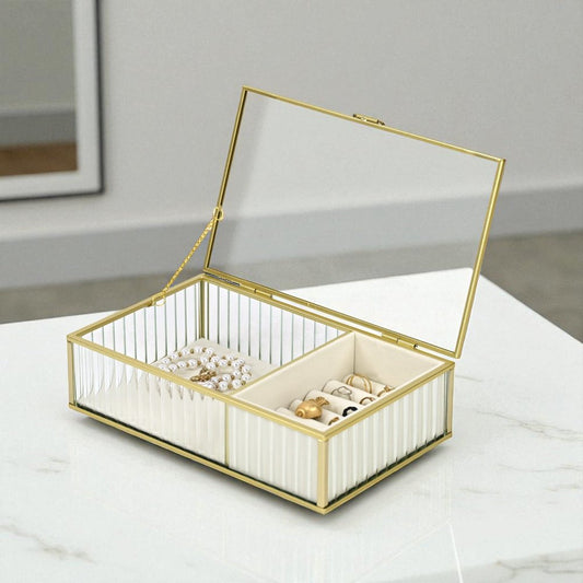 10" Gold Glass Two Section Jewellery Box With Metal Accents HomeRoots