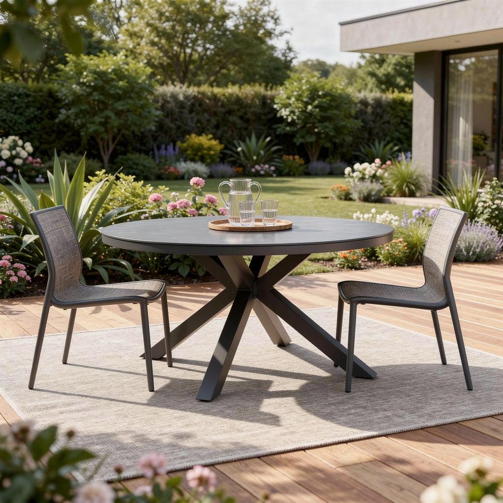 55" Dark Gray Ceramic Glass and Aluminum Round Outdoor Dining Table HomeRoots