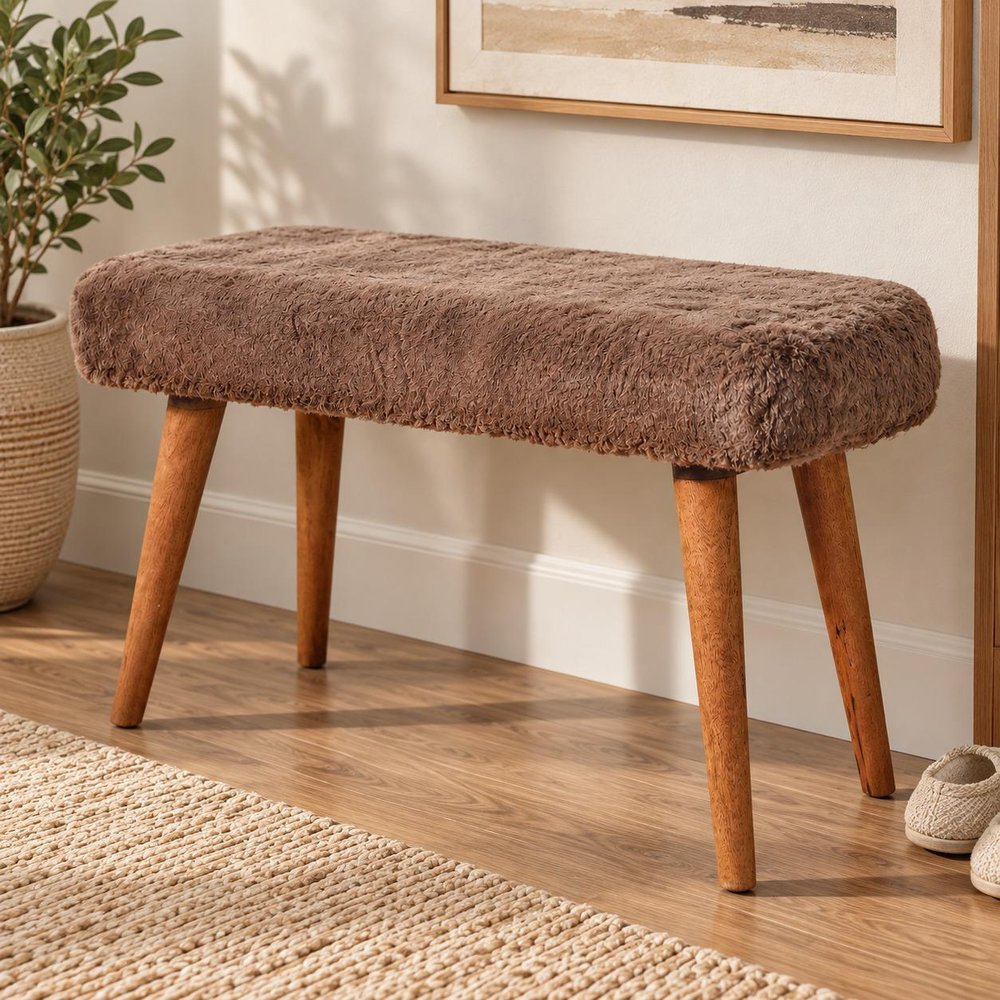 31" Brown Faux Fur And Solid Wood Upholstered Bench HomeRoots