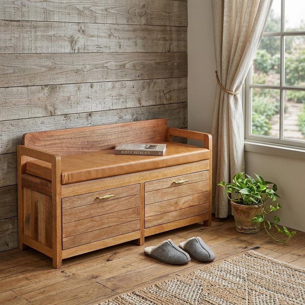 39" Tan And Oak Genuine Leather And Solid Wood Upholstered Storage Bench With Drawers HomeRoots