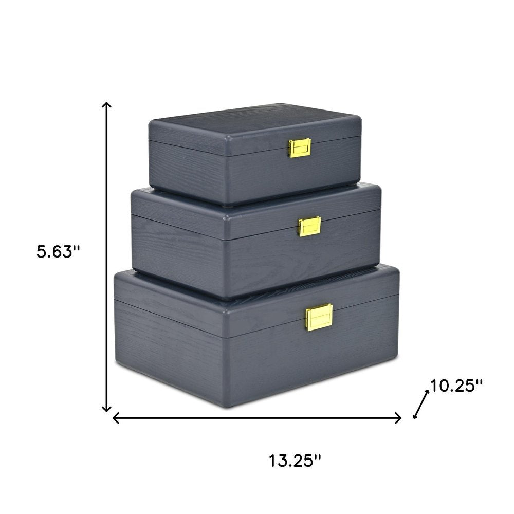 Set of Three Navy Blue Wood Hand Painted Decorative Box HomeRoots
