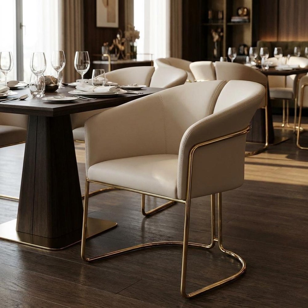 Beige and Gold Faux Leather and Metal Partially Open Back Dining Arm Chair HomeRoots