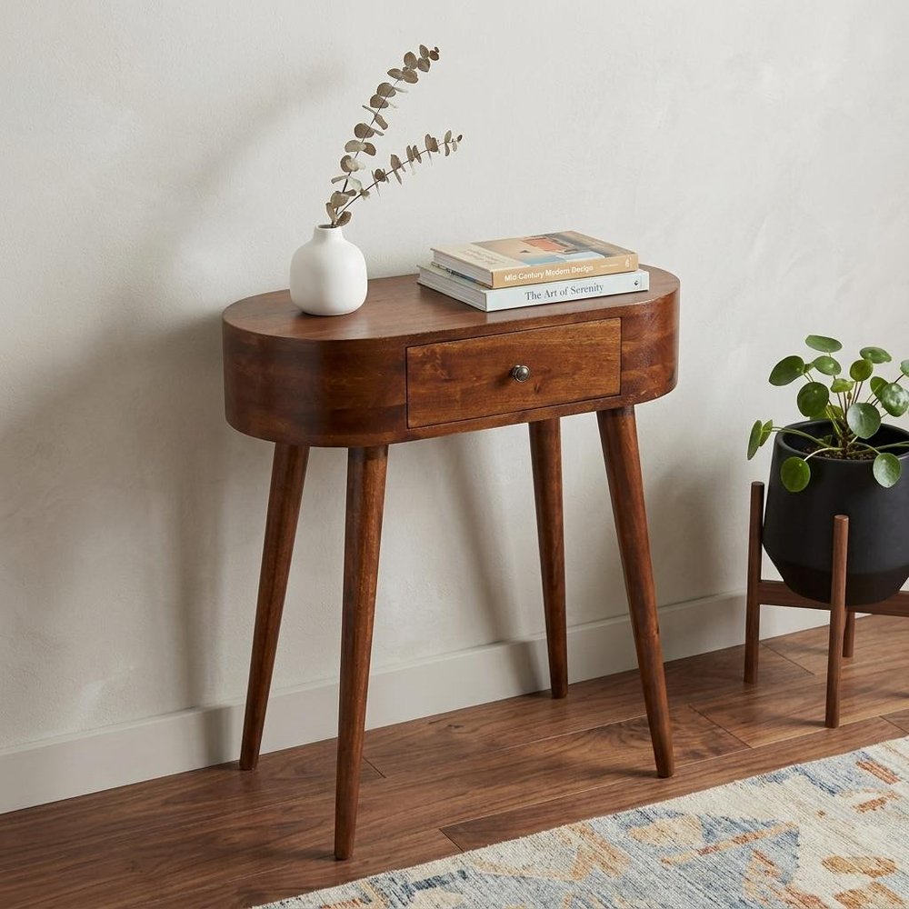 24" Chestnut Solid Wood Oval Console Table With Drawer HomeRoots
