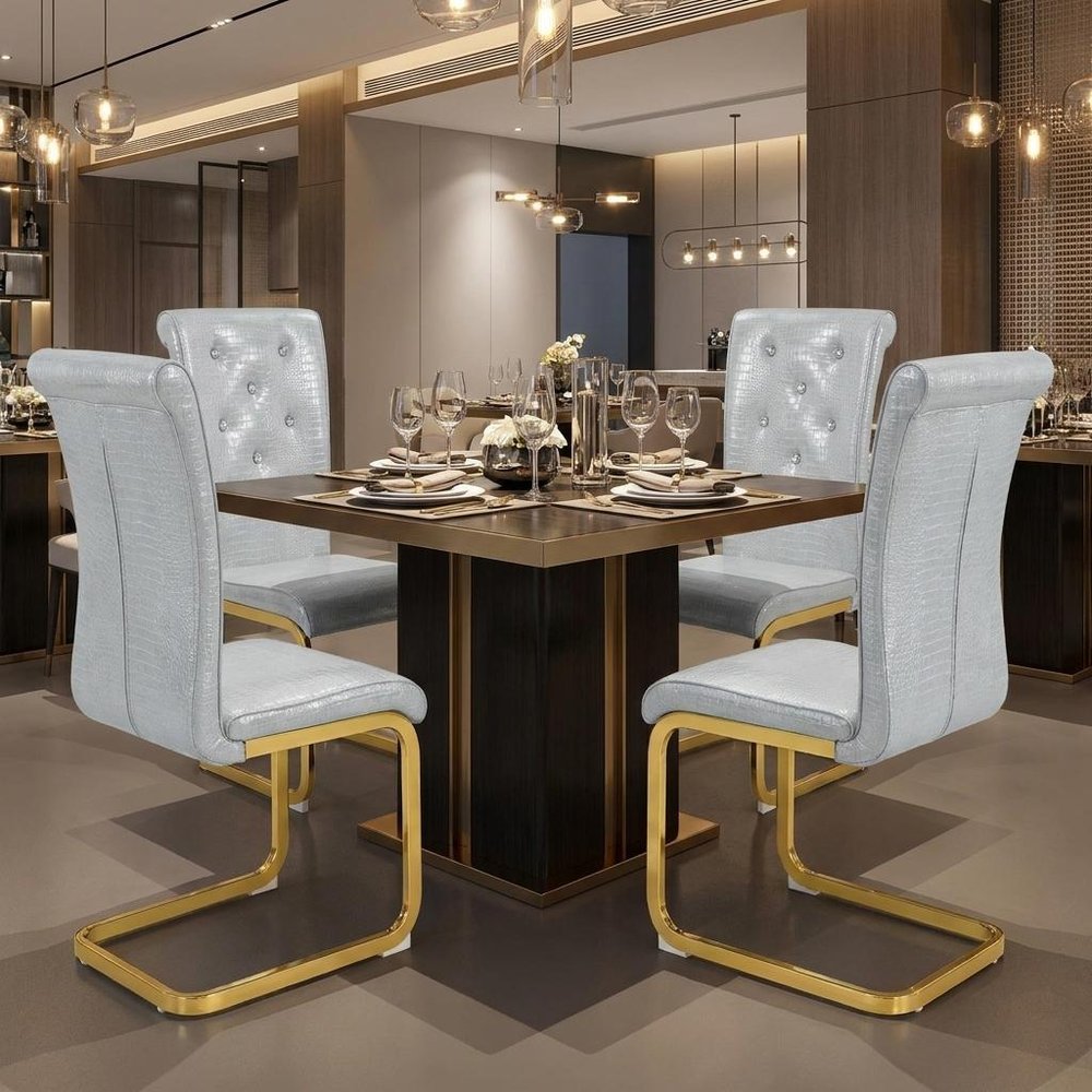 Set of Four Gray And Silver Tufted Faux Leather And Metal Dining Side Chairs HomeRoots