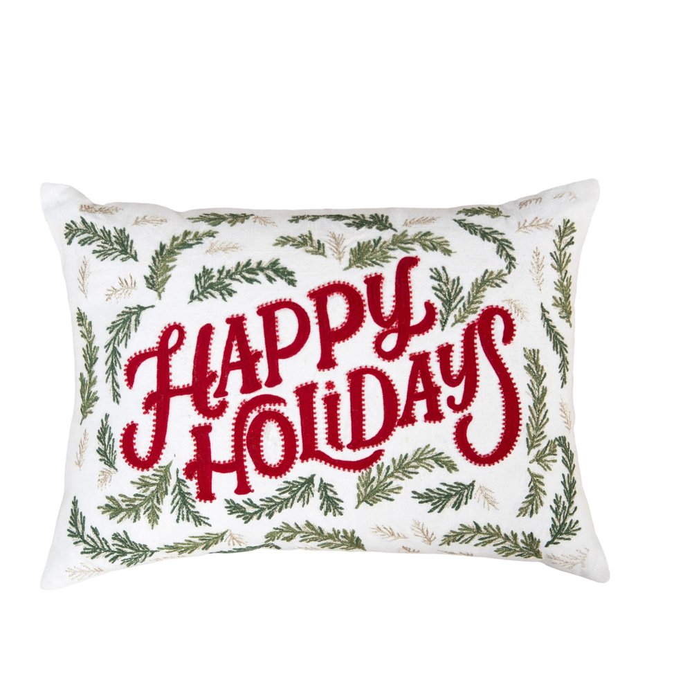 14" X 20" Ivory Red And Green Cotton Happy Holidays Throw Pillow With Embroidery
