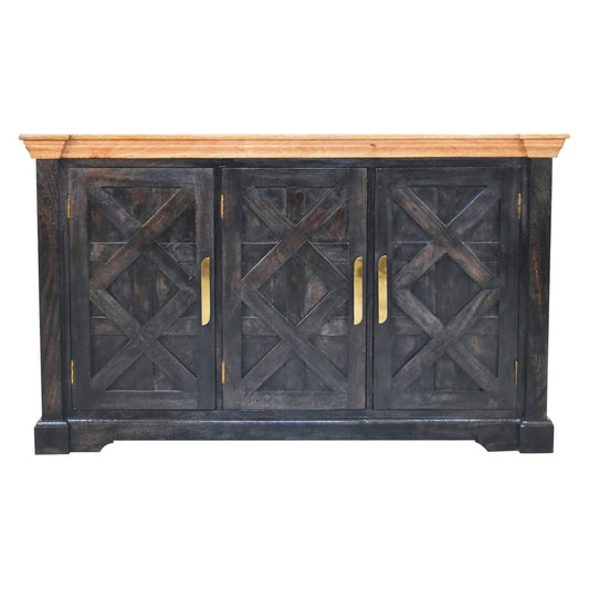 59" Black And Oak Distressed Solid Wood Carved Geometric Sideboard With Three Doors