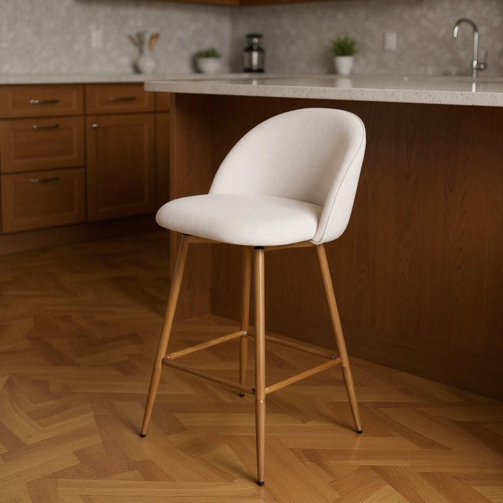 27" Beige And Oak Fabric And Metal Low Back Counter Height Swivel Bar Chair HomeRoots